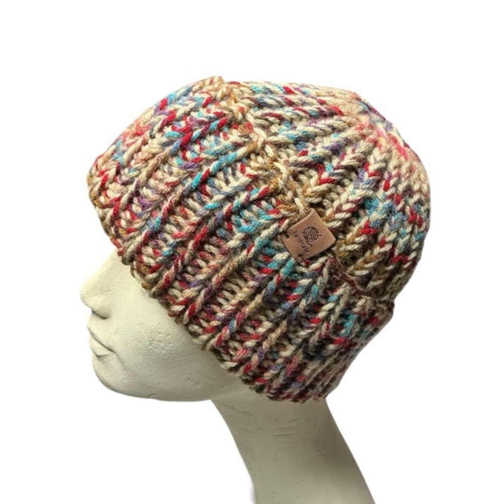 Handmade Chunky Knit Beanie Multicolor Tan Red Teal Winter‎ Fall Handcrafted Hat
